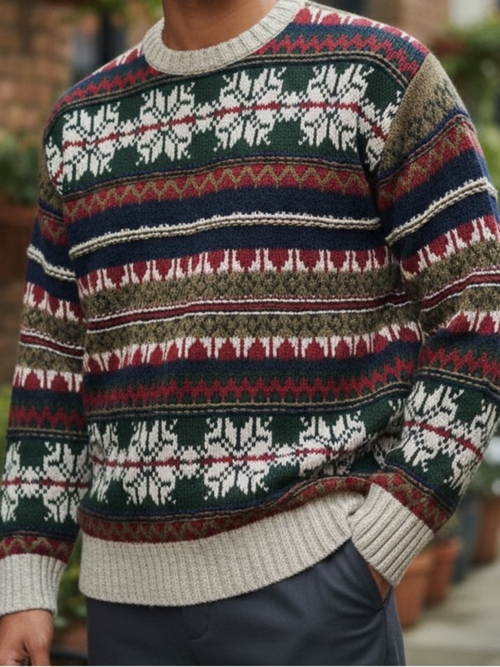 American Eagle Outfitters Green Multi Fair Isle Crewneck Sweater